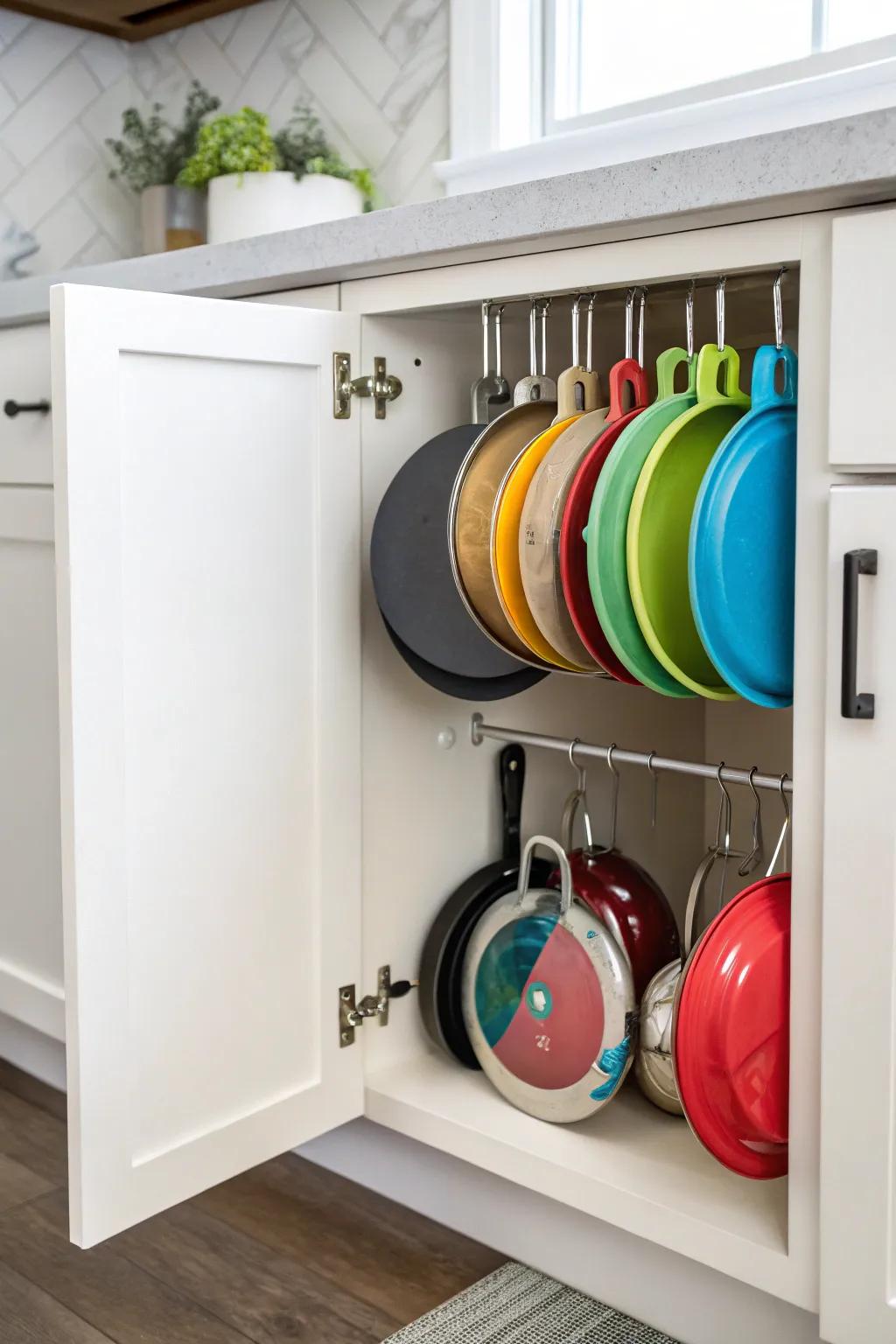 Adhesive hooks keep pot lids organized and within easy reach.