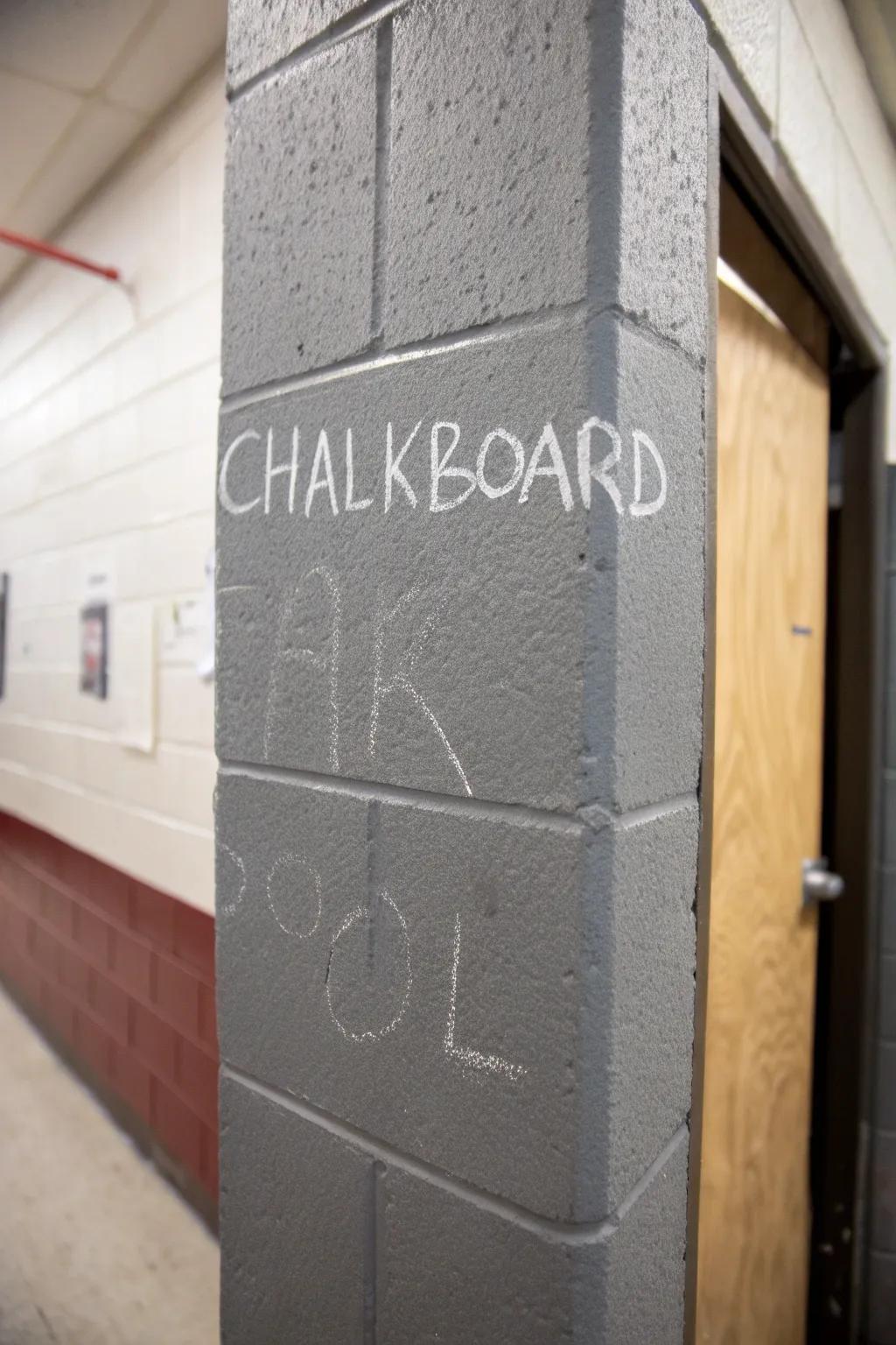 A chalkboard-paint section adds fun and functionality to a cinder block wall.