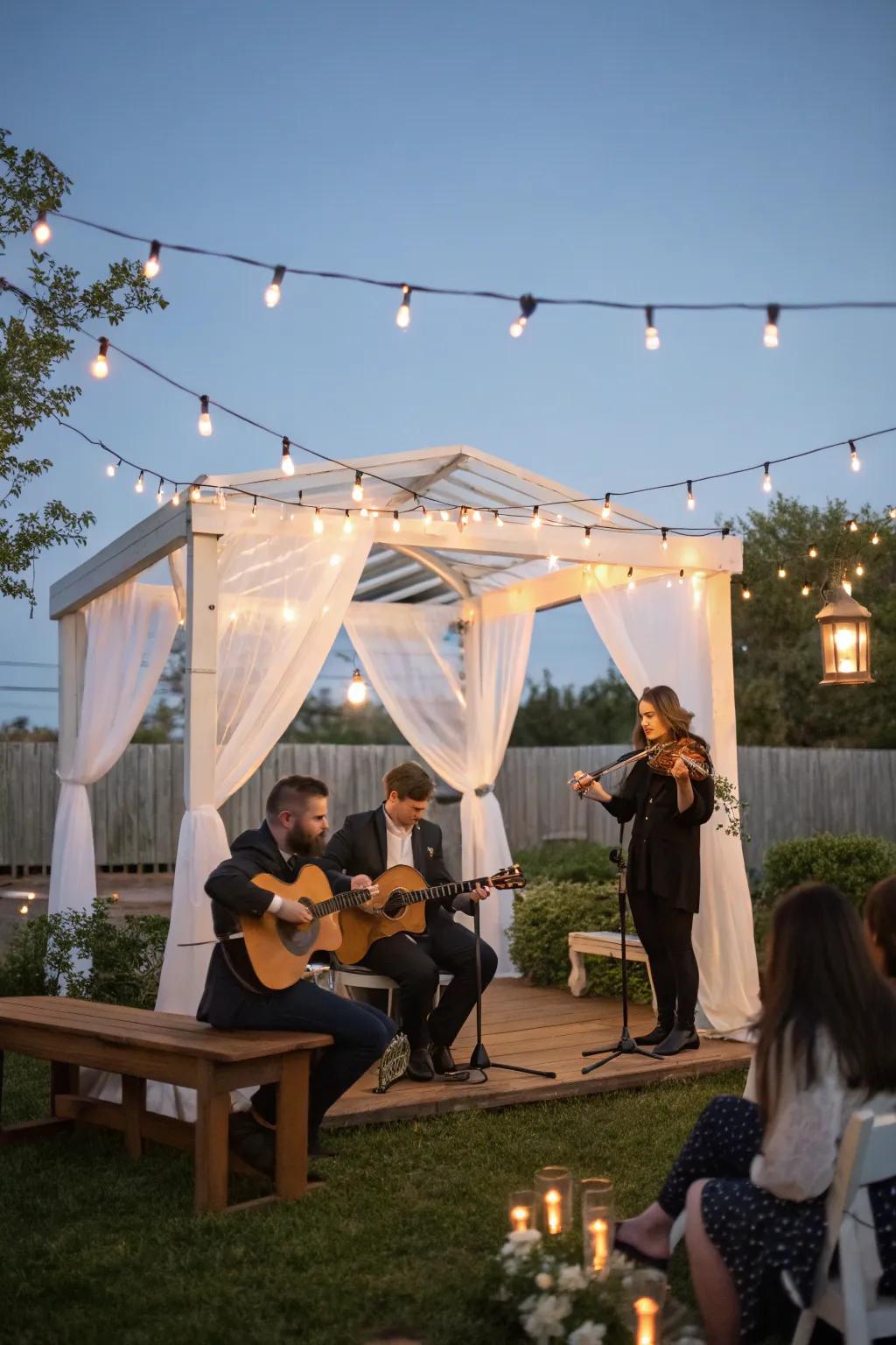 A live musical group contributes a personal detail to the wedding ceremony.