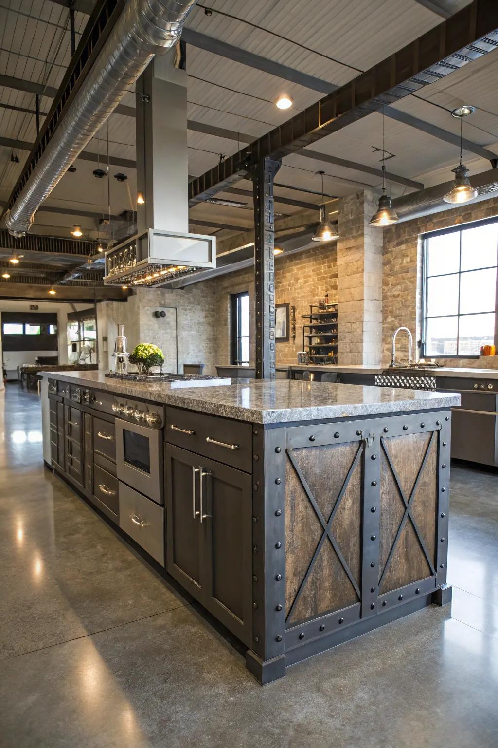Metal accents providing a sleek and modern touch to a kitchen island.