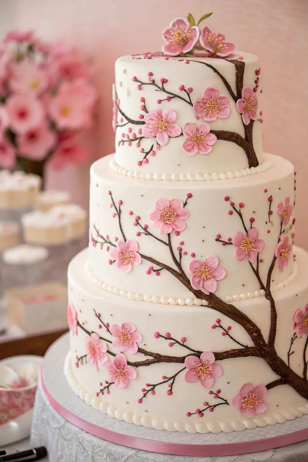 A blossom-themed cake is a showstopper.