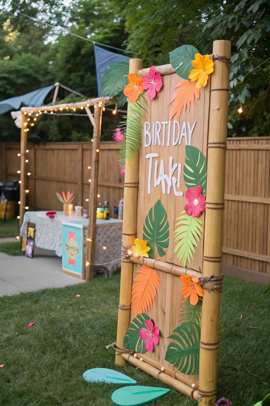 A tiki bar-themed birthday board offering a tropical escape.