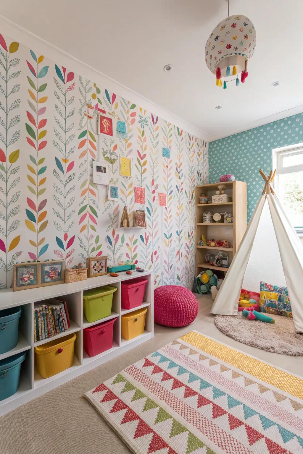 A playroom showcasing a mix of various patterned wallpapers for a playful touch.
