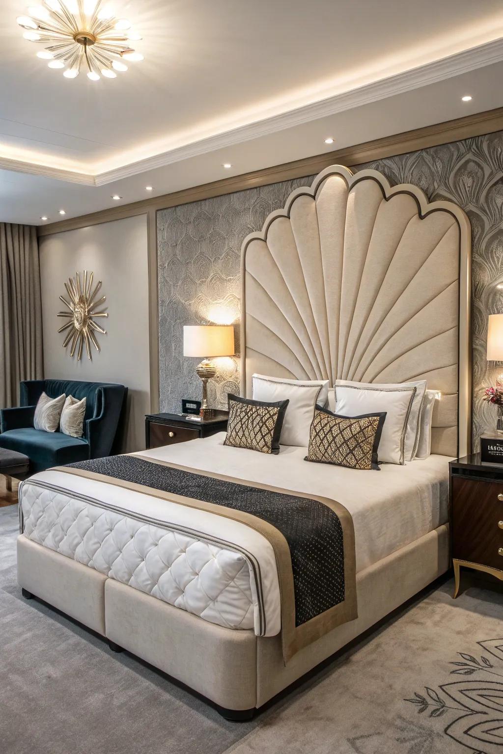 A stunning headboard commands attention as the focal point of this king-sized bed.