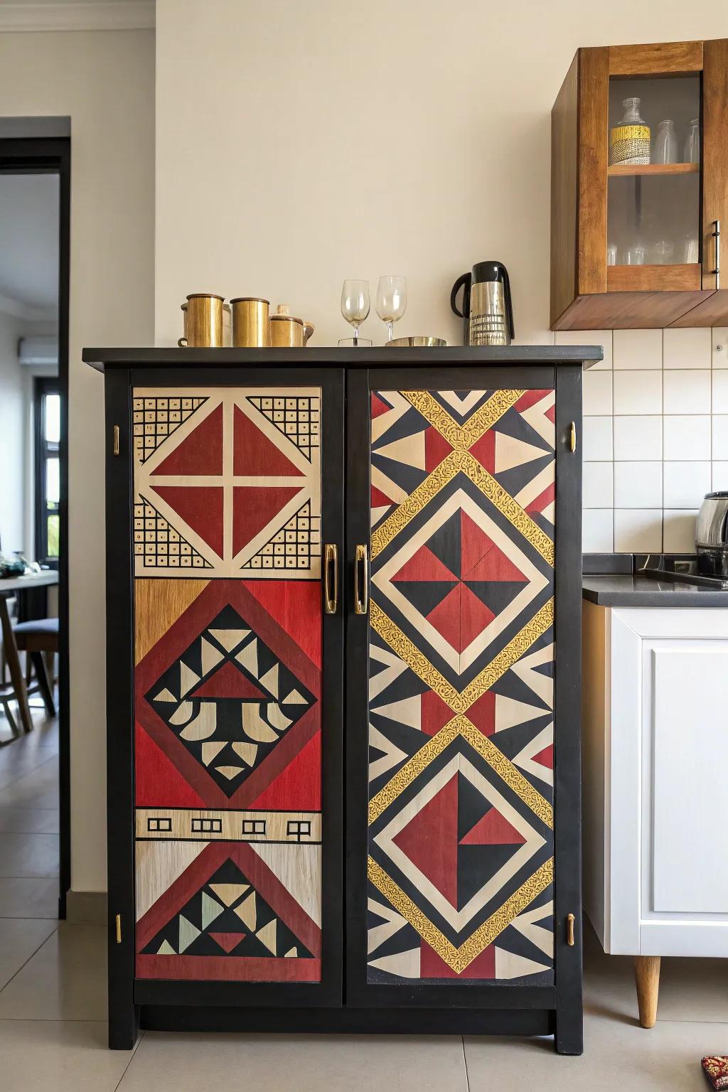 Geometric patterns bring a modern flair to this bar cabinet.