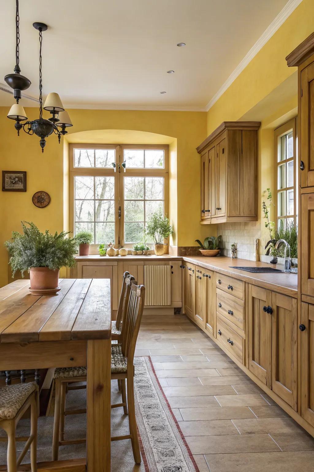 Bright cream yellow brightens up the cooking space using a warm shine.