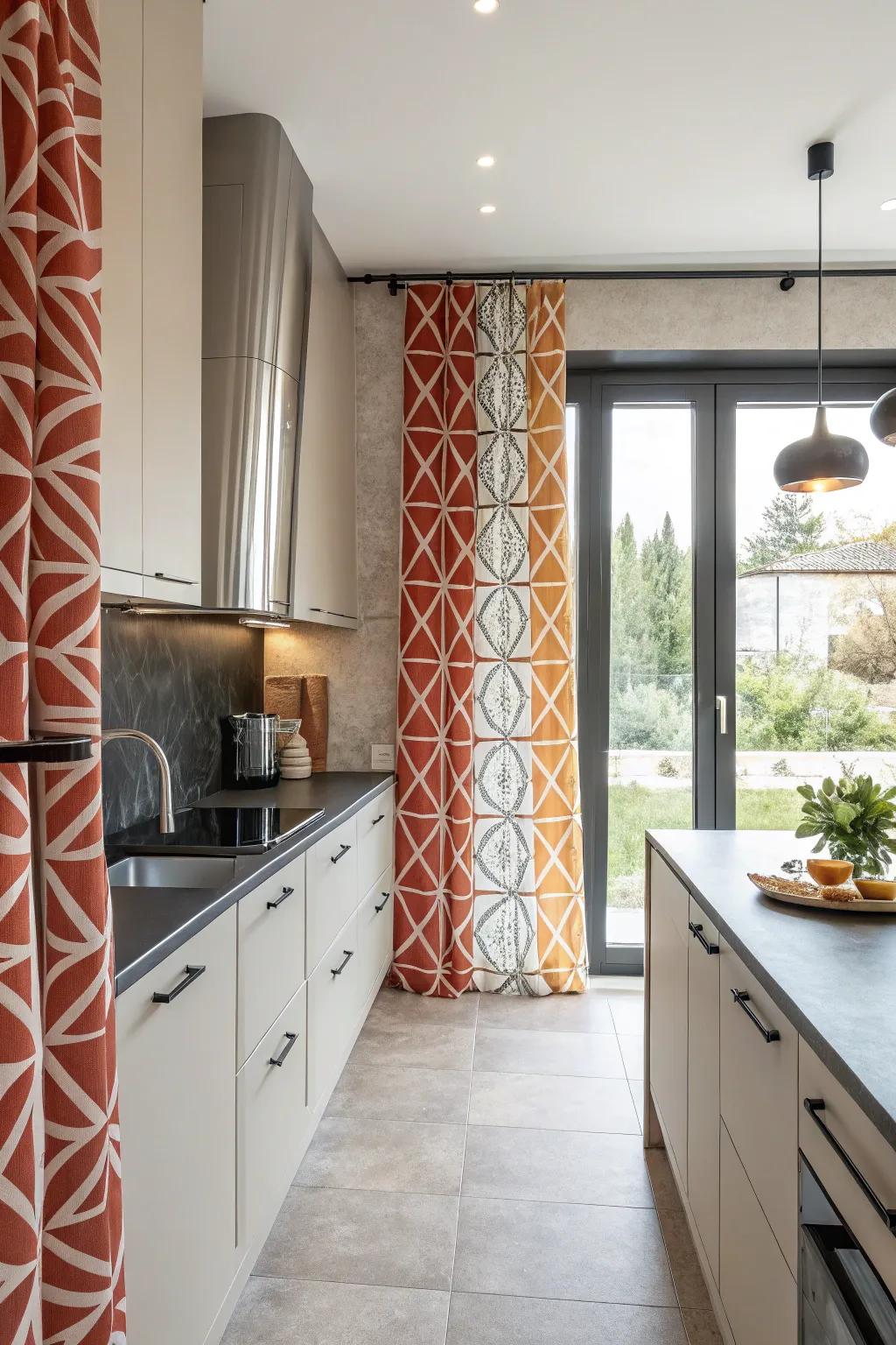 Symmetrical styles add a contemporary flair to kitchen window coverings.