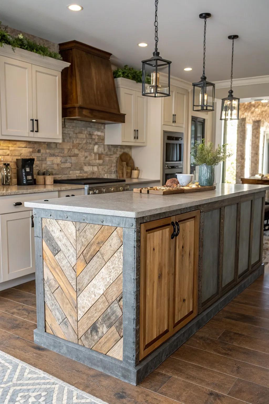 An eclectic mix of materials contributes distinctive and individualized style to this kitchen island.