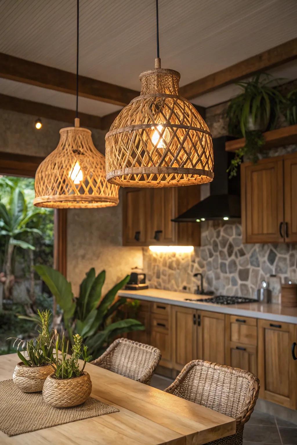 Natural materials in lights build an inviting, cozy cooking space atmosphere.
