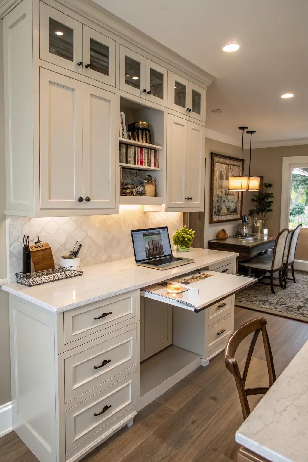 Multi-purpose furniture makes a kitchen office more flexible.