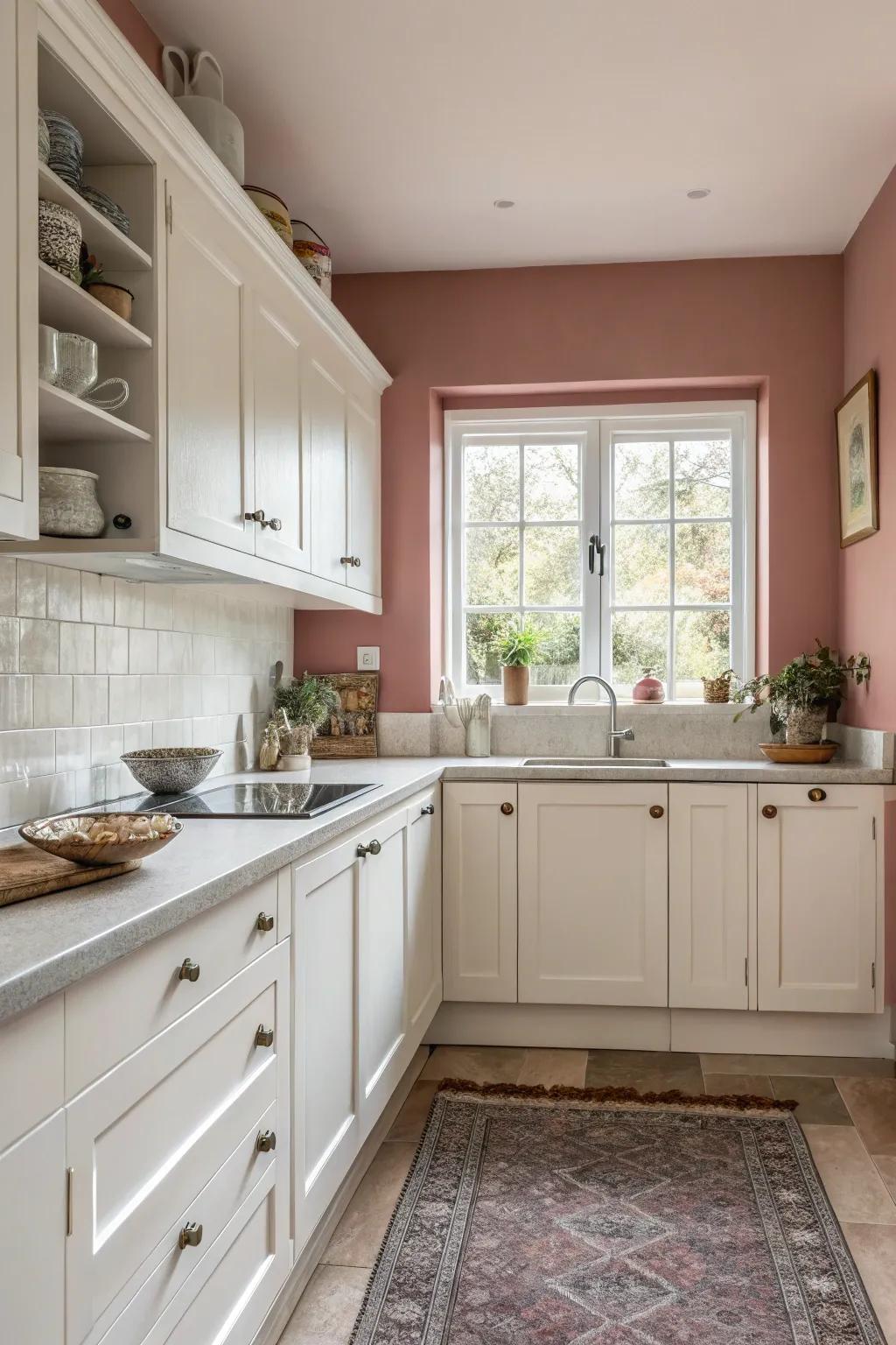 Dusty rose walls add retro charm and warmth.