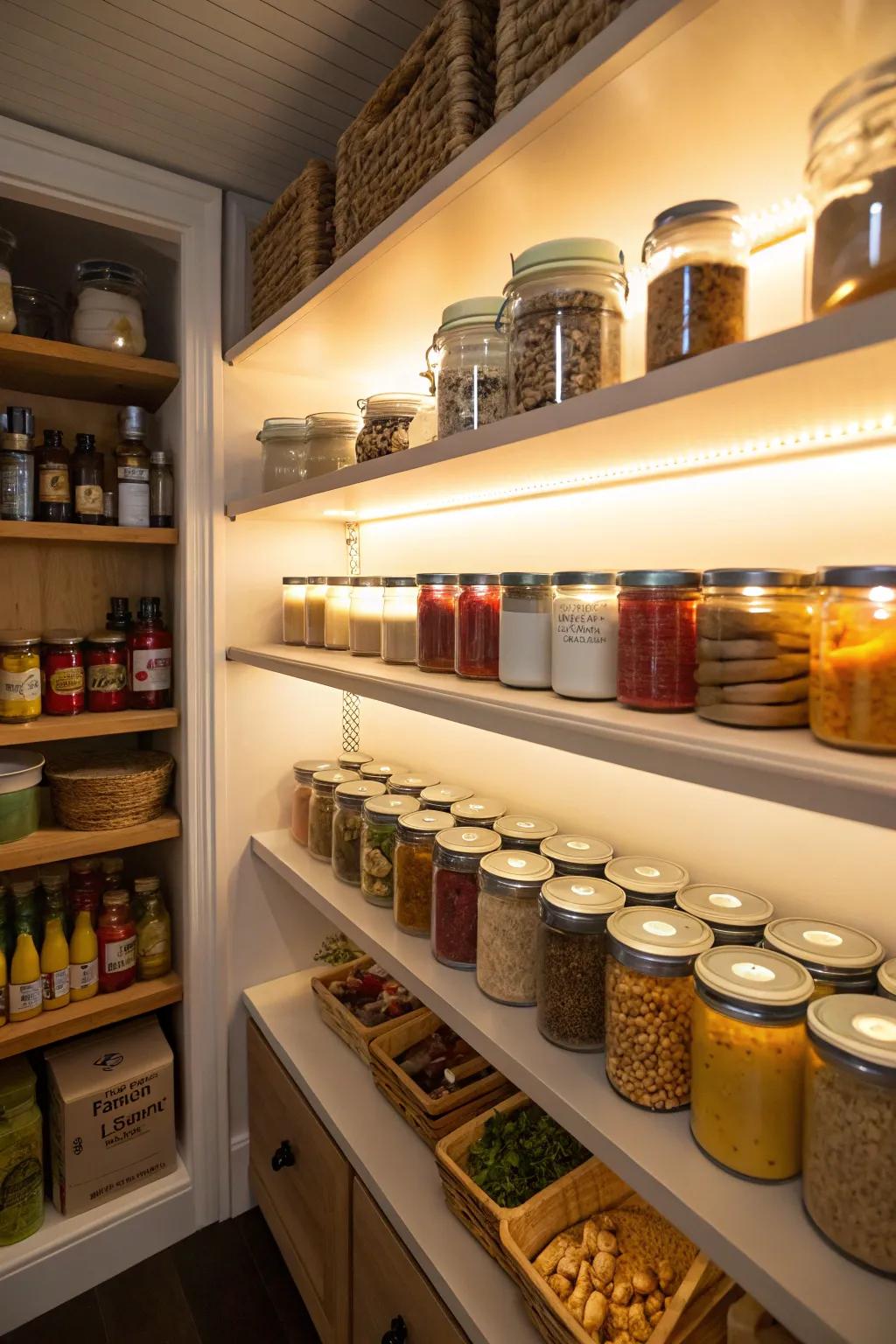 Under-shelf lighting brightens and highlights your pantry.