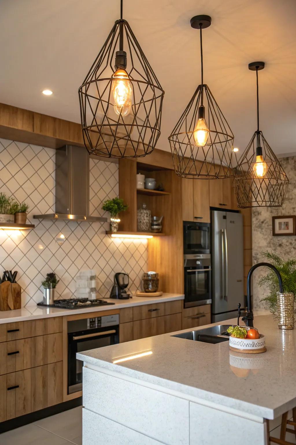 A kitchen featuring bold wall lamps for a dramatic and functional touch.
