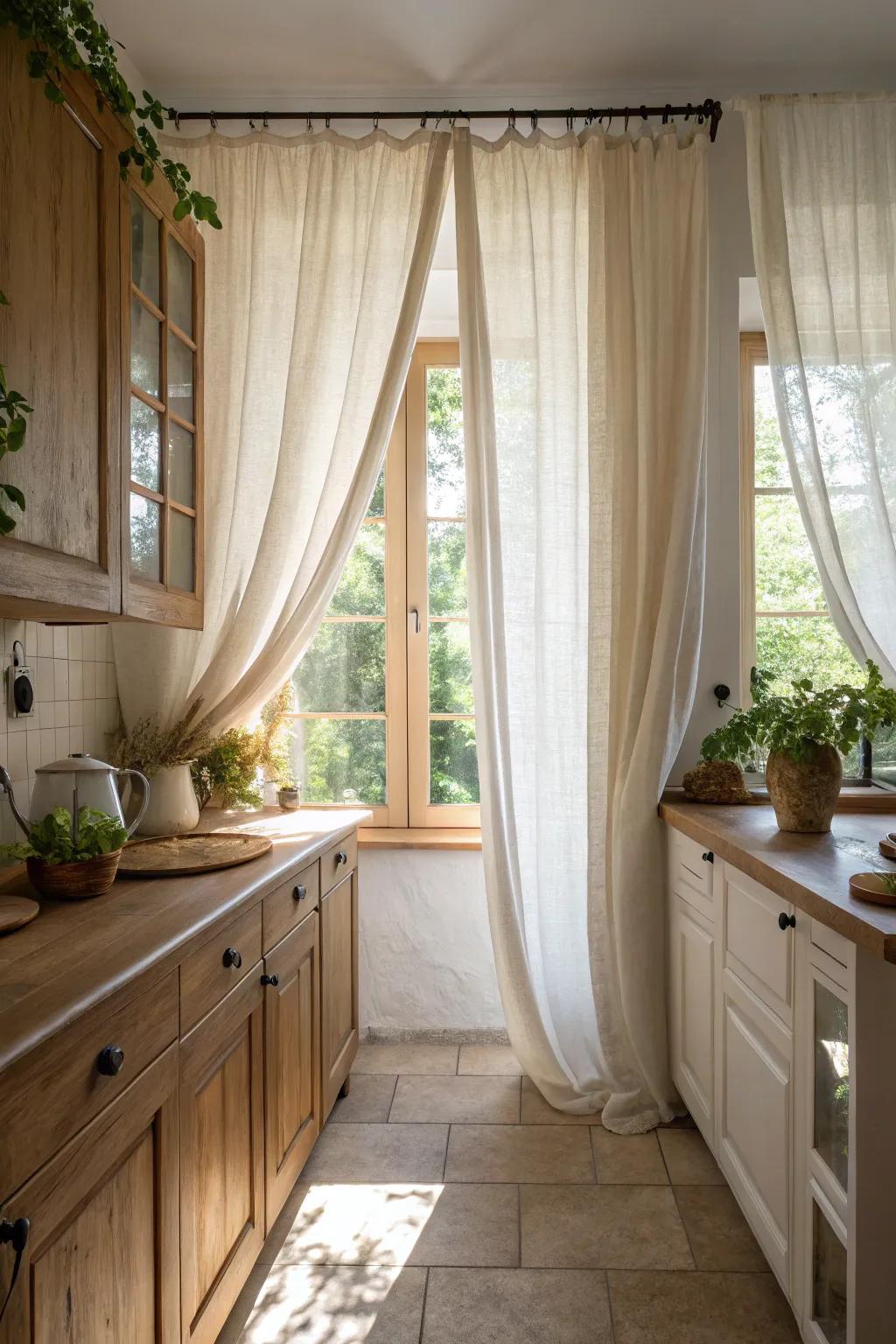 Flax drapes add softness and elegance to kitchen windows.