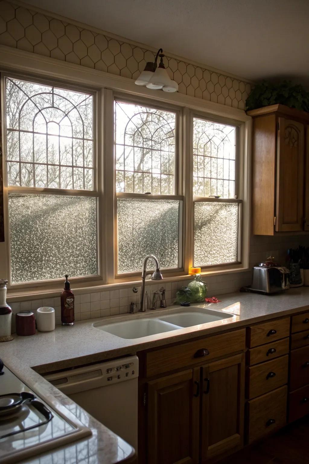 A culinary space showcasing textured glass windows that extend seclusion and illumination.