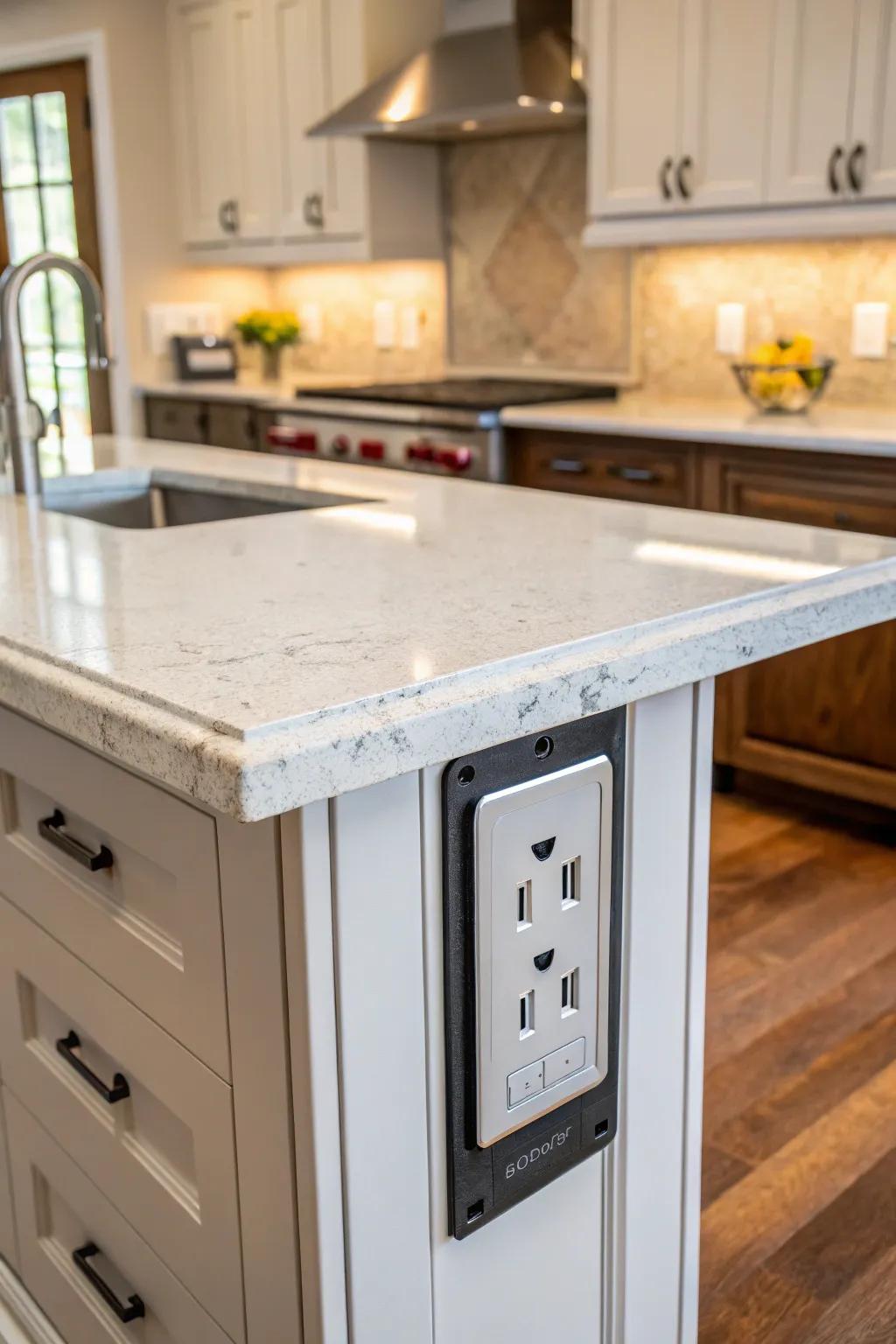 A pop-up power source on the island offers practical convenience.