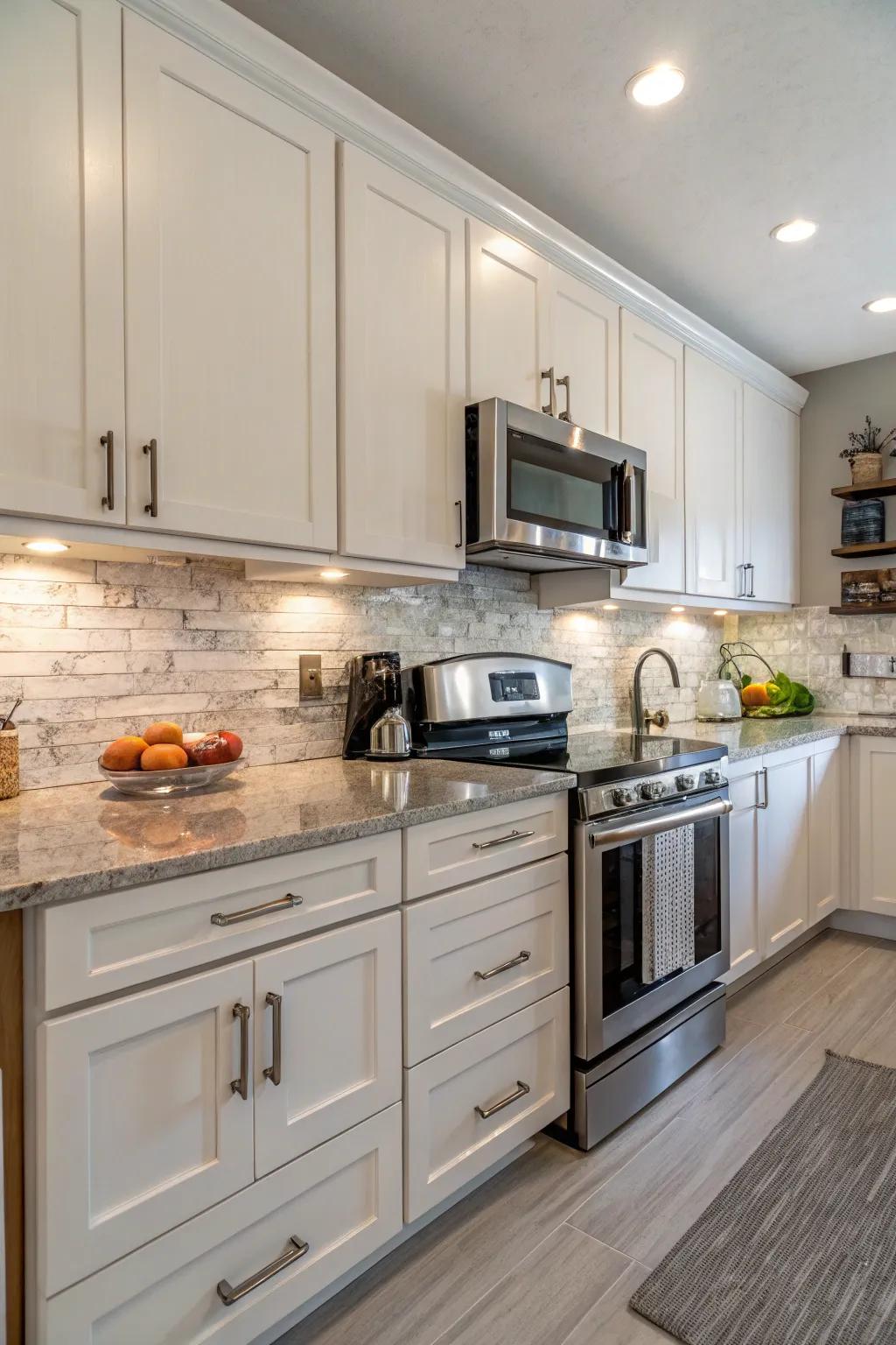 Simple upkeep through wipe-clean laminate backsplash.
