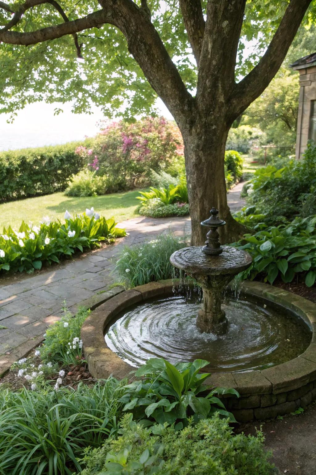Water features add tranquility and attract wildlife to tree areas.