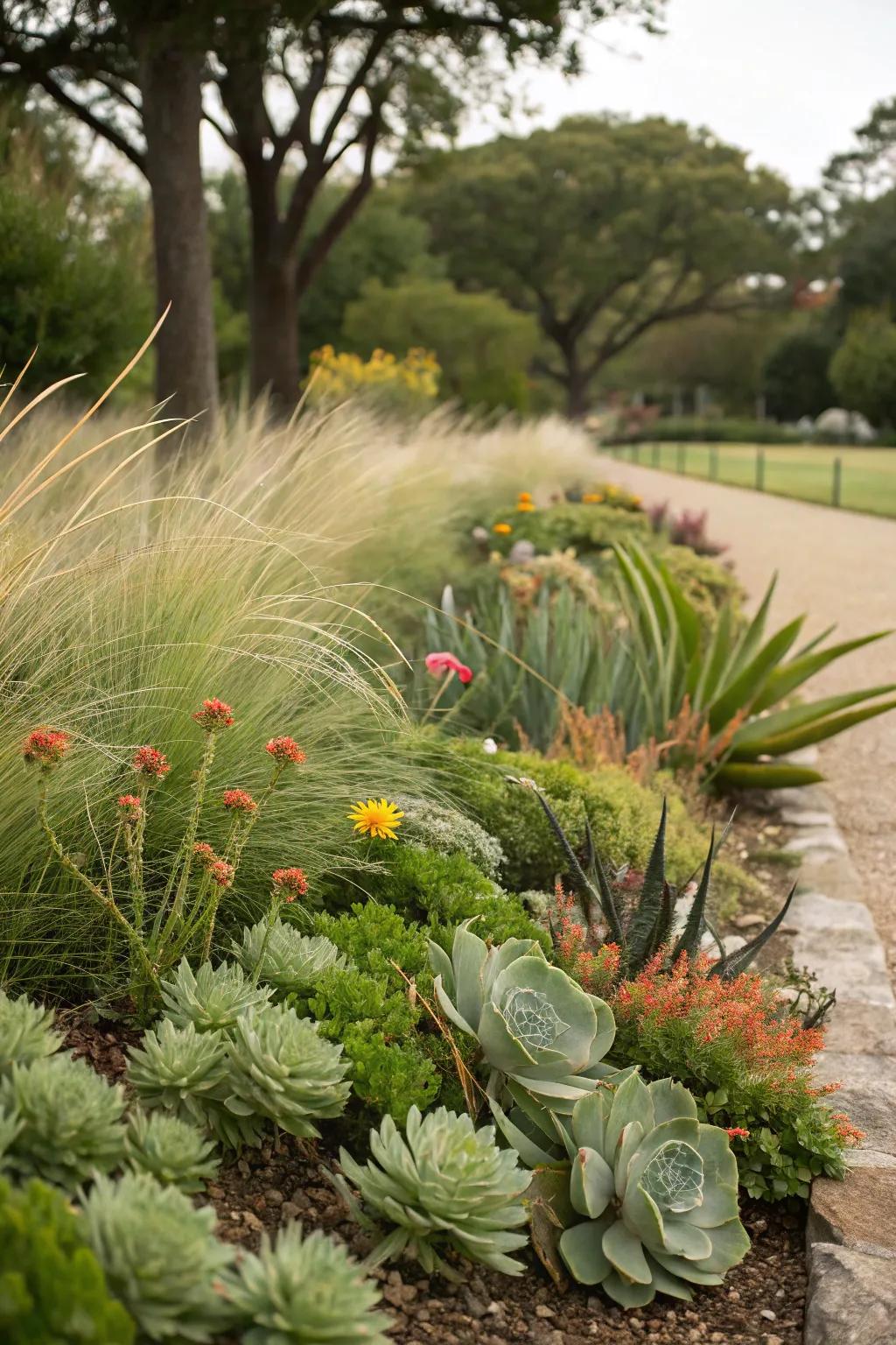 A garden bed showcasing a unique mix of succulents, grasses, and flowers.