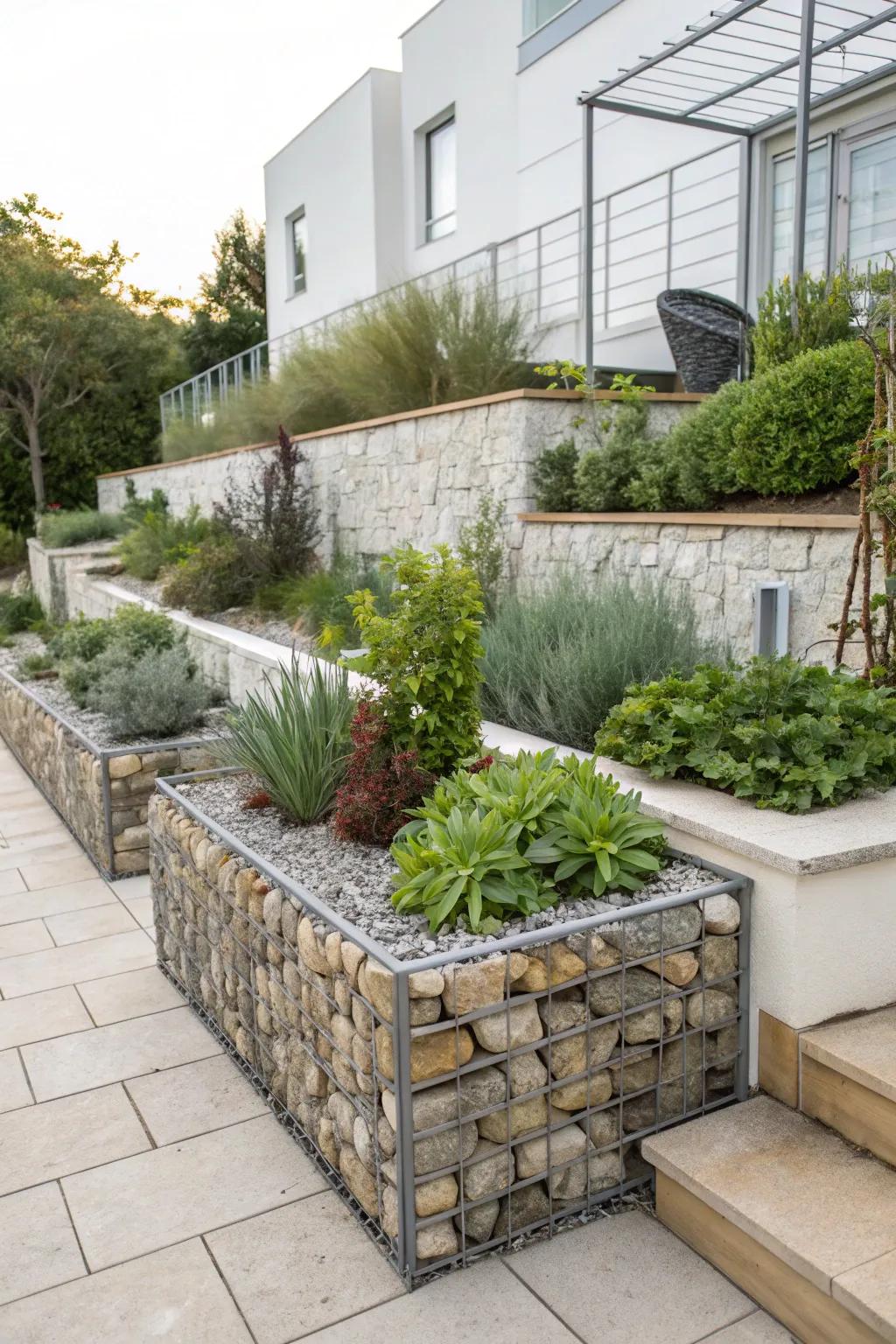 Gabion raised beds look modern and let water drain well.