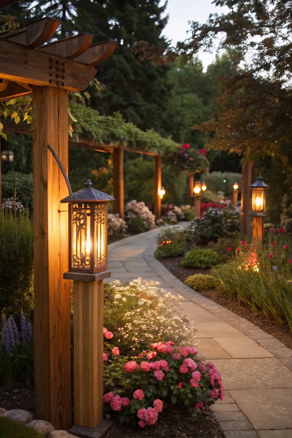 Timber-based illumination elevates the garden's nighttime charm.