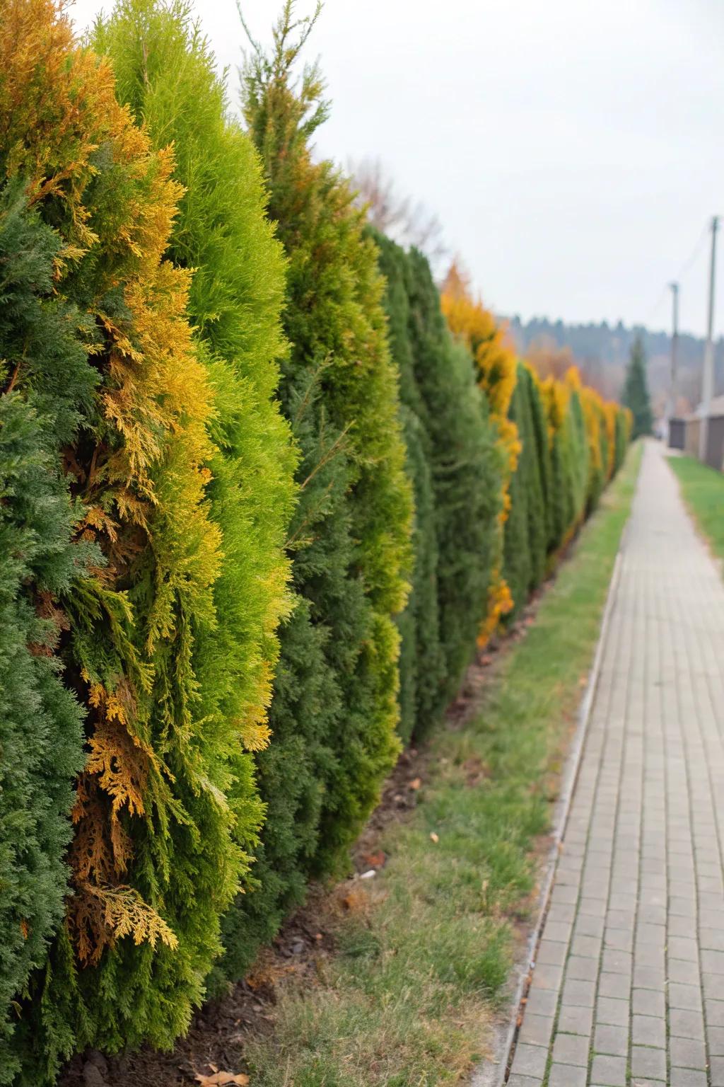 A blended arborvitae hedge incorporates hue and texture to your garden.