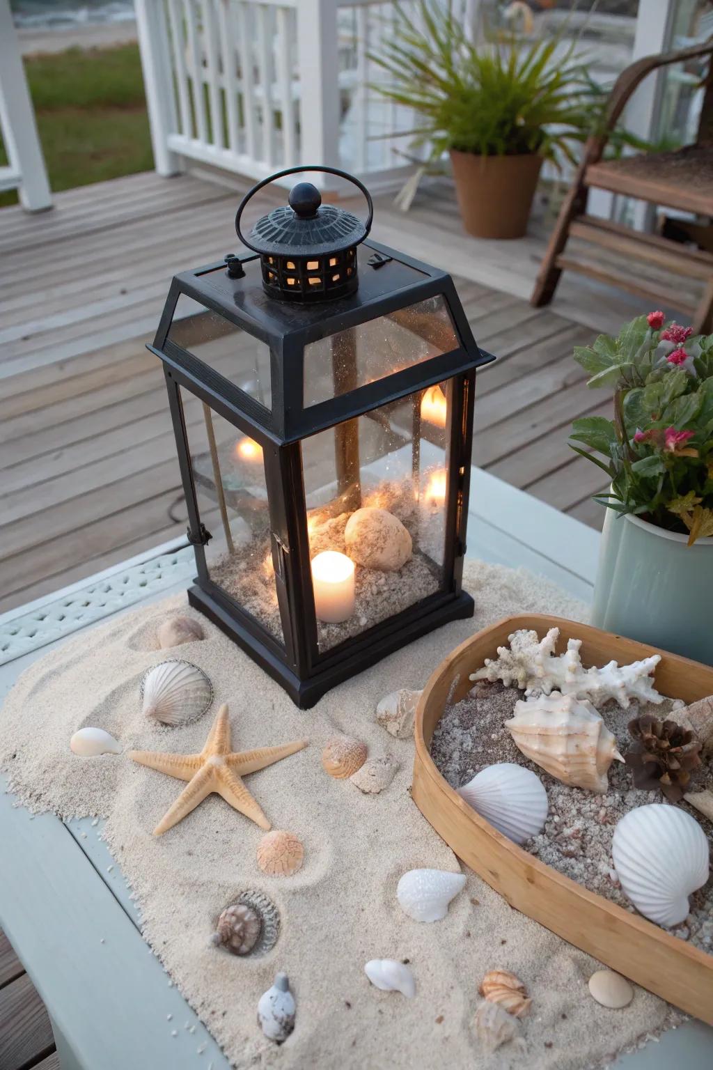 A beach-inspired lantern filled with shells.