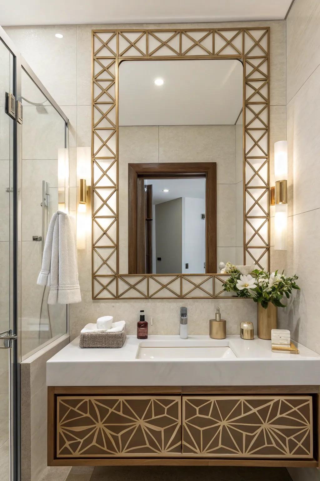Geometric borders infuse an up-to-date twist on bathroom reflectors.