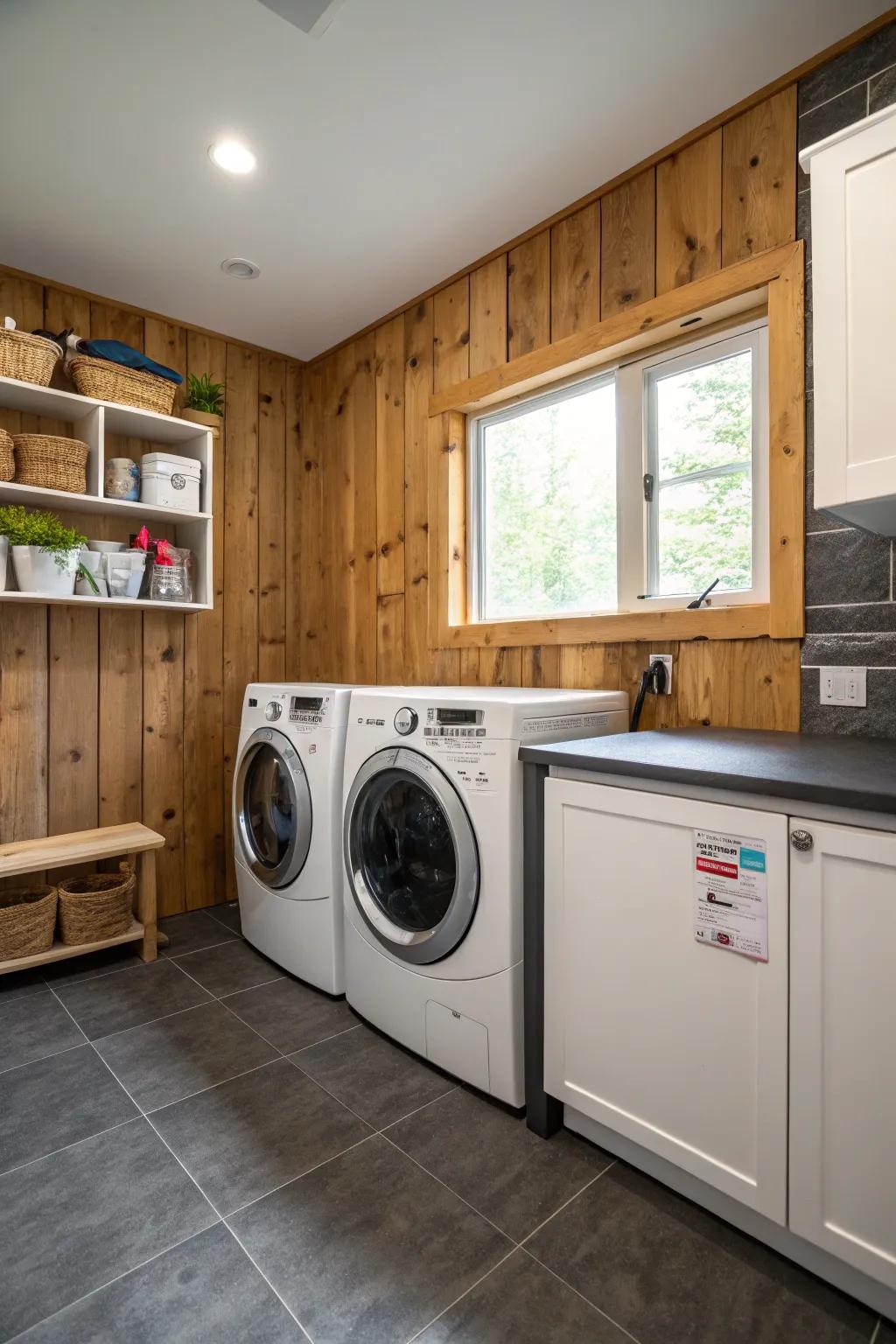 Eco-friendly features in a modern laundry room.
