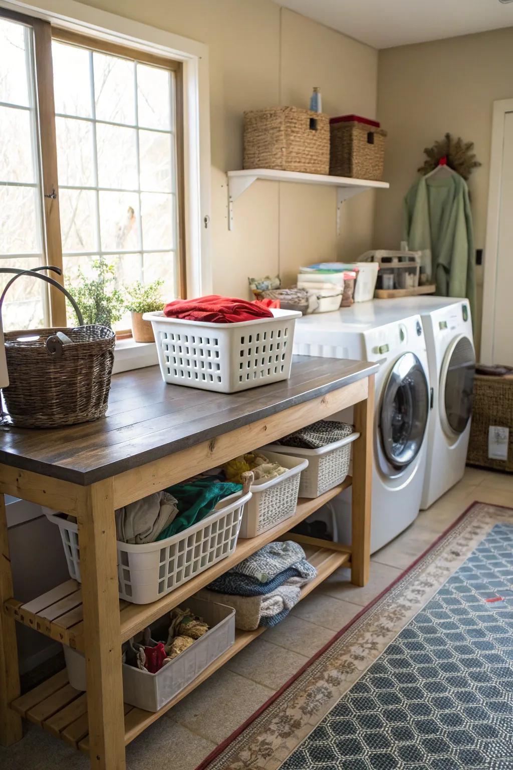 A countertop surface adds versatility to your laundry room.