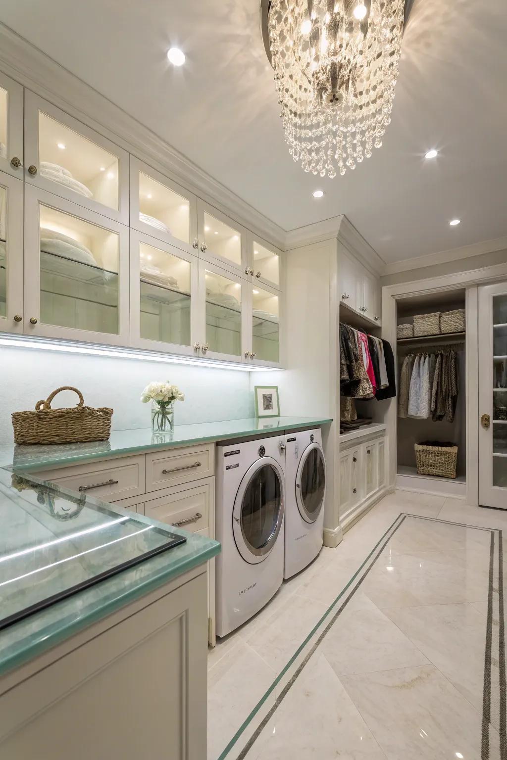 Glass countertops that are elegant and reflect light in a laundry room.