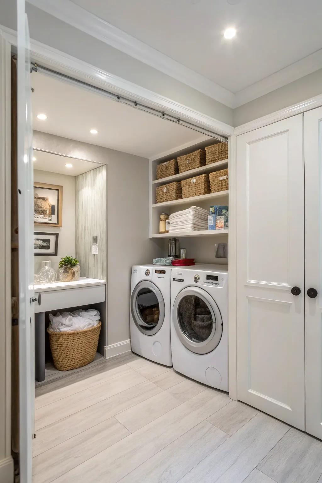 A hidden nook offers discreet storage for clutter.
