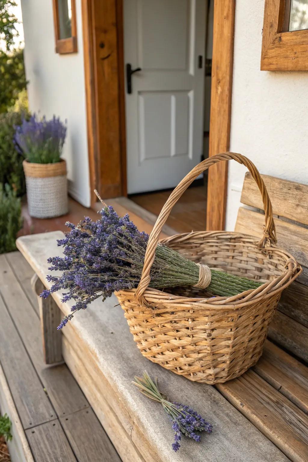 A warm welcome made possible by lavender basket decor.