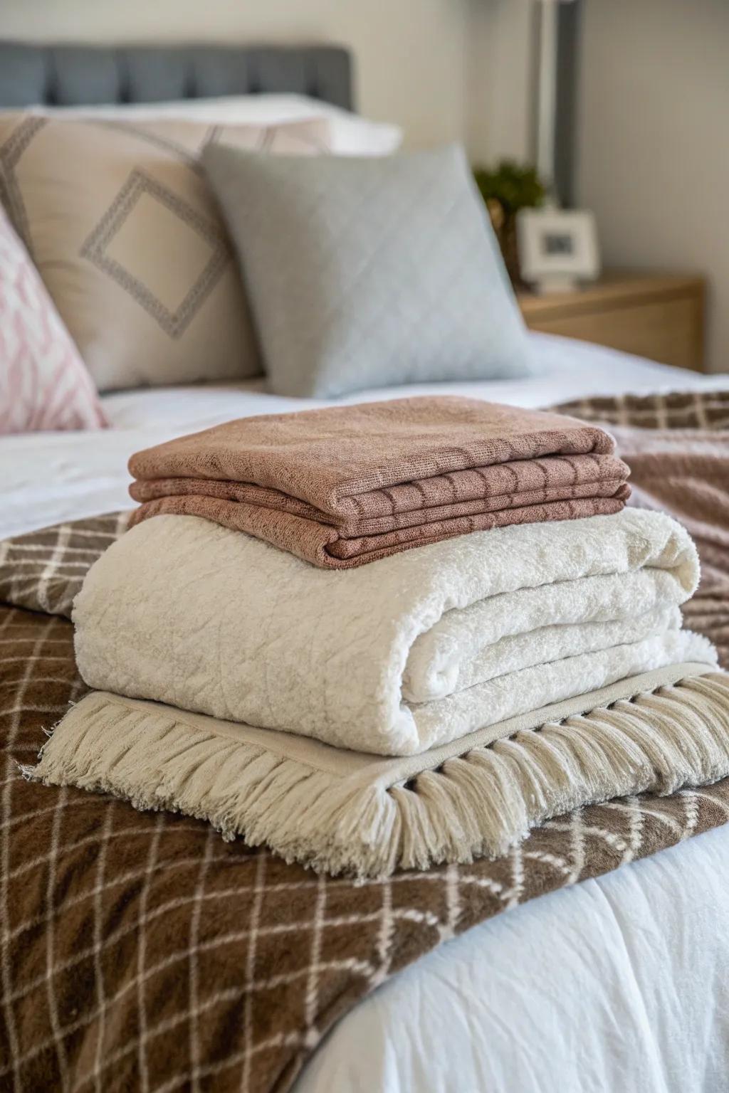A few layered throws adding dimension and warmth to the bed.