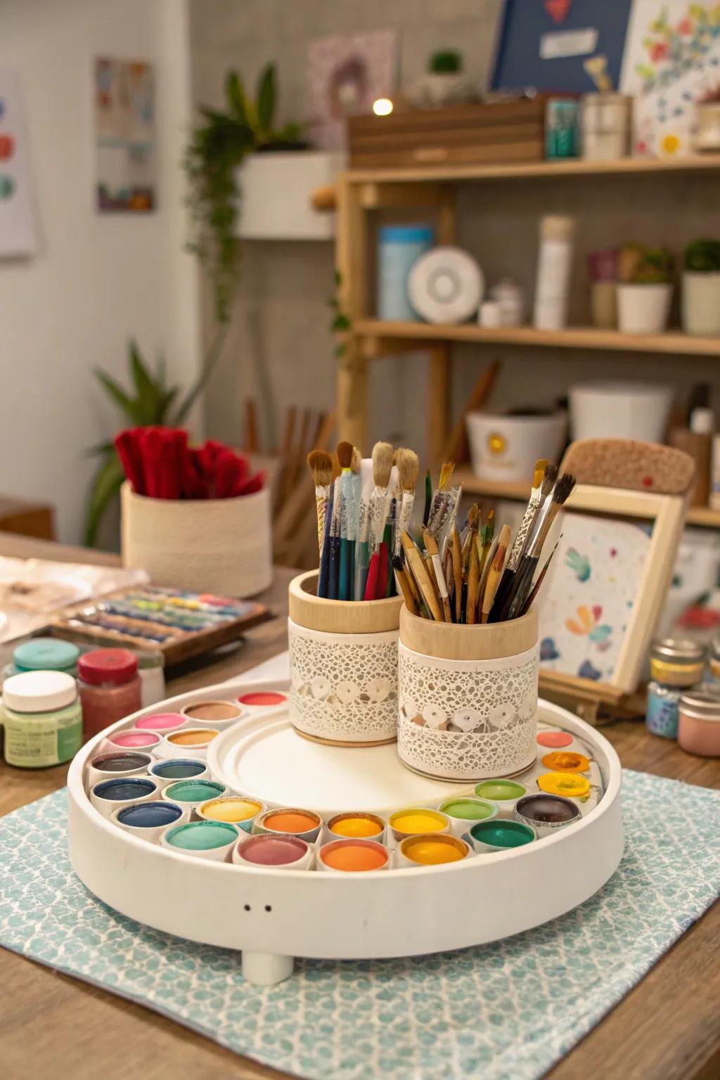 A well-organized creation corner with a spinning organizer.