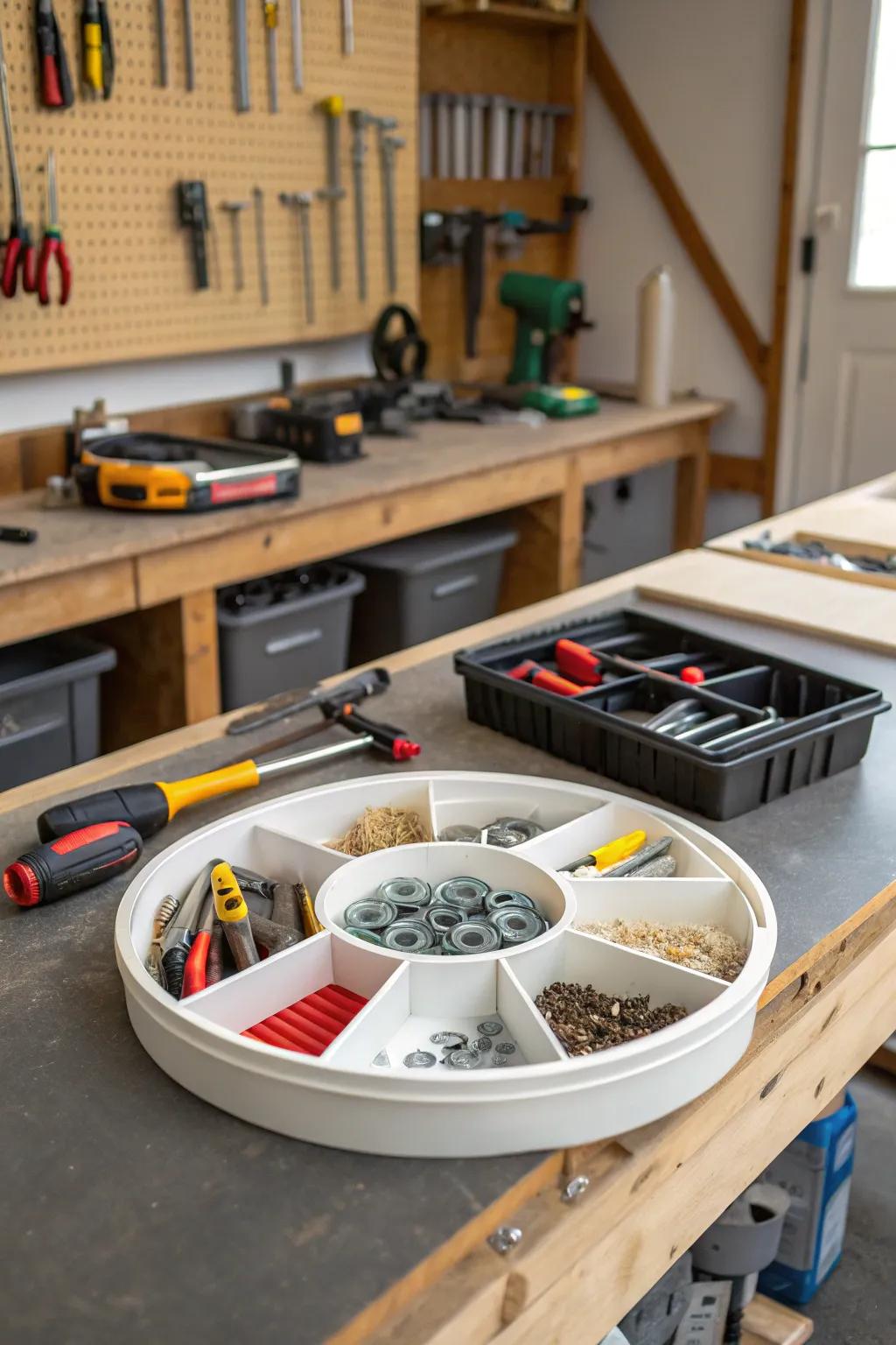 Keep your garage in order by using a spinning organizer for tool storage.