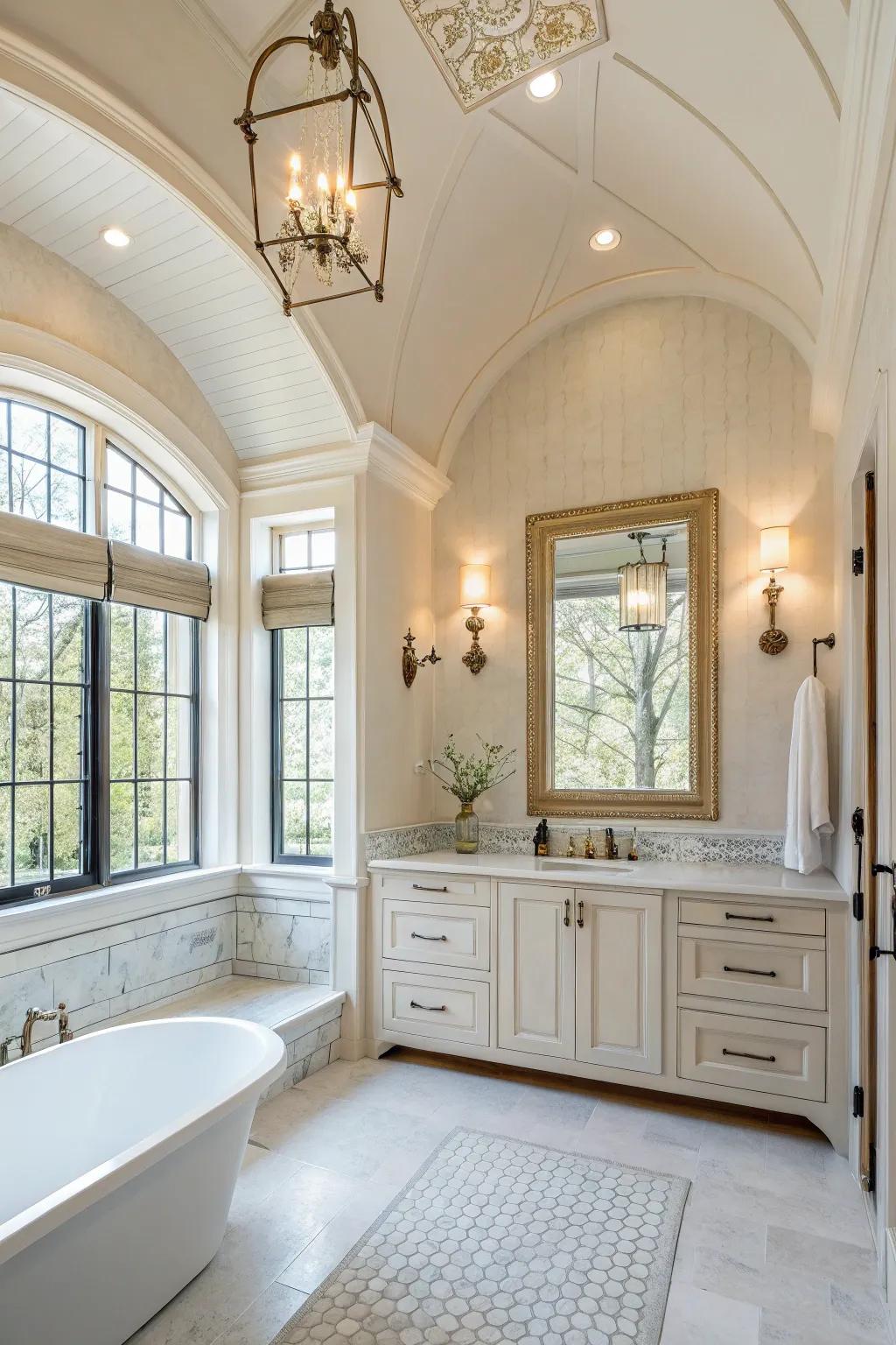 A bright color accent wall creates a bold focal point in the bathroom.