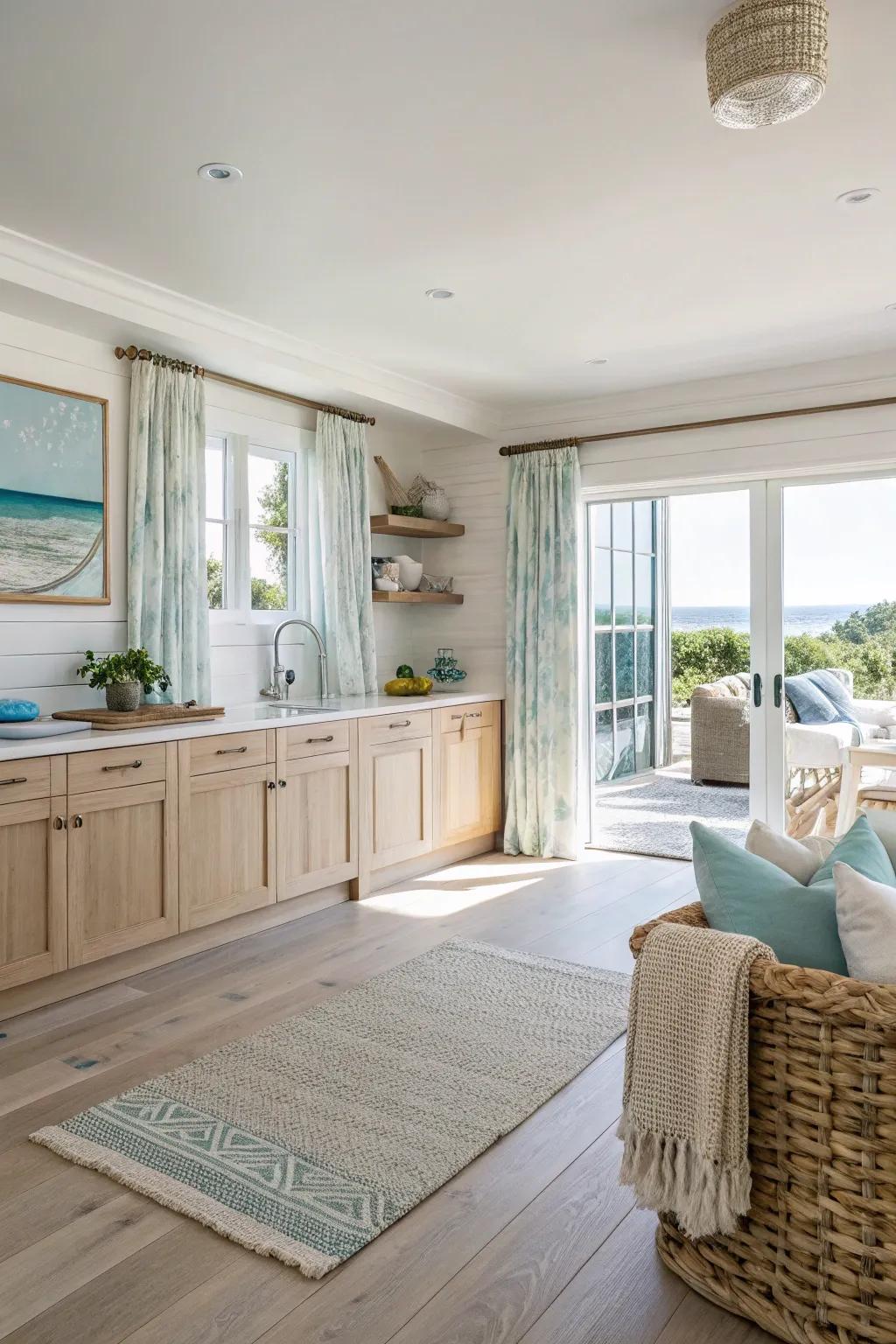 Sunny gold composite flooring enhances the open-plan layout of this kitchen.