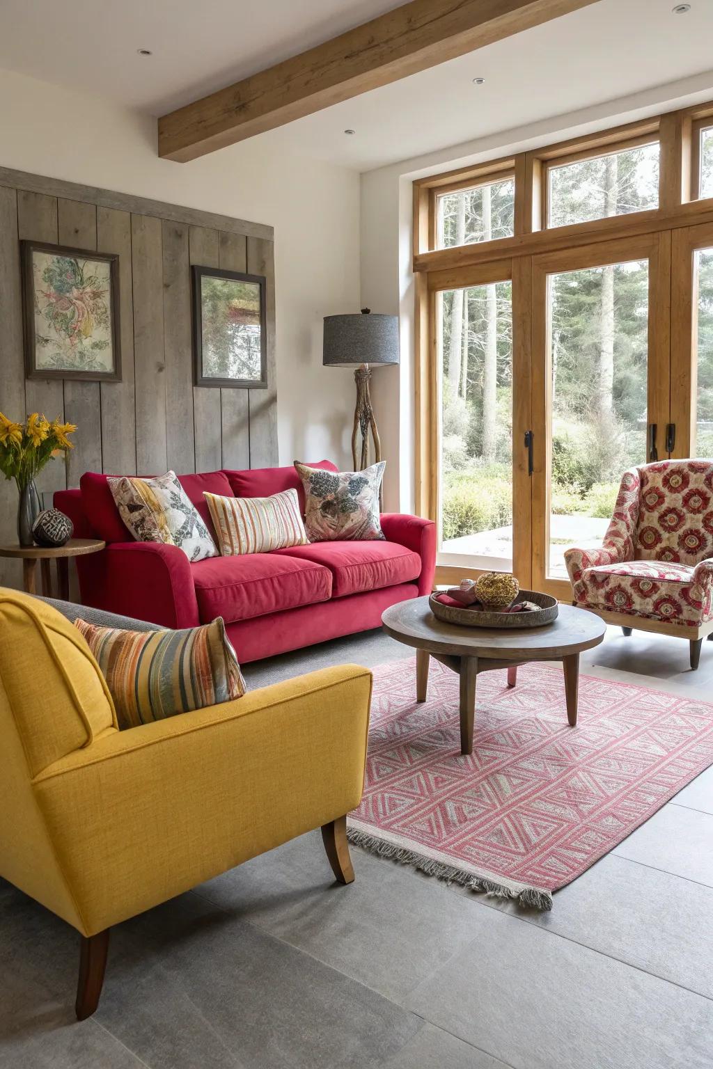 A stylish living room featuring bold furniture and light grey flooring.