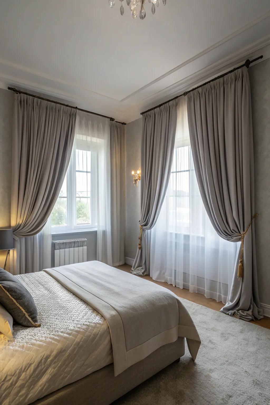 Dramatic drapery adds elegance to light grey walls.