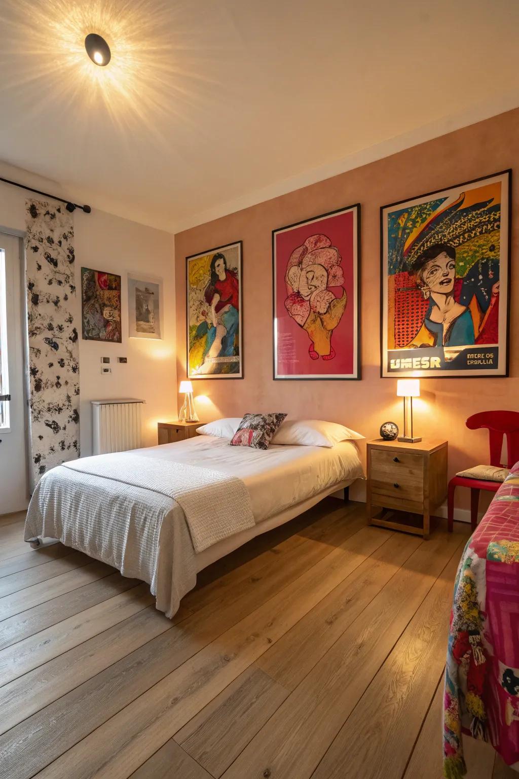 Striking artwork enriches personality to a bedroom featuring bright timber flooring.