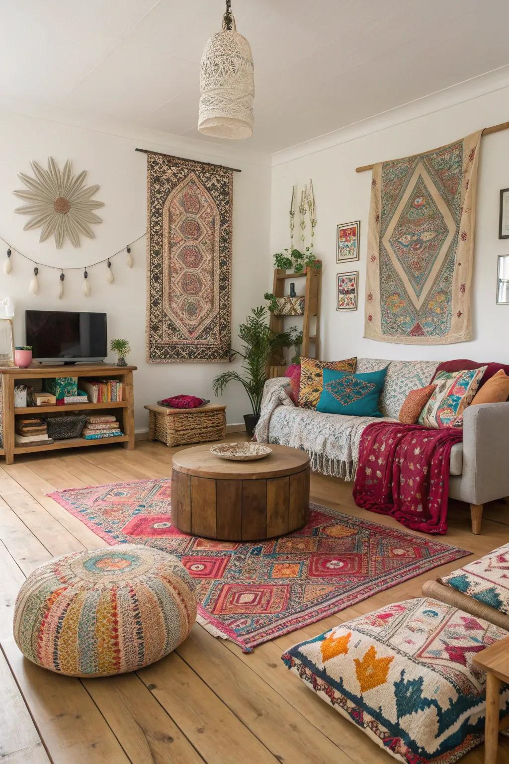 A living room infused with a free-spirited mood, showcasing eclectic decor against versatile light wooden floors.