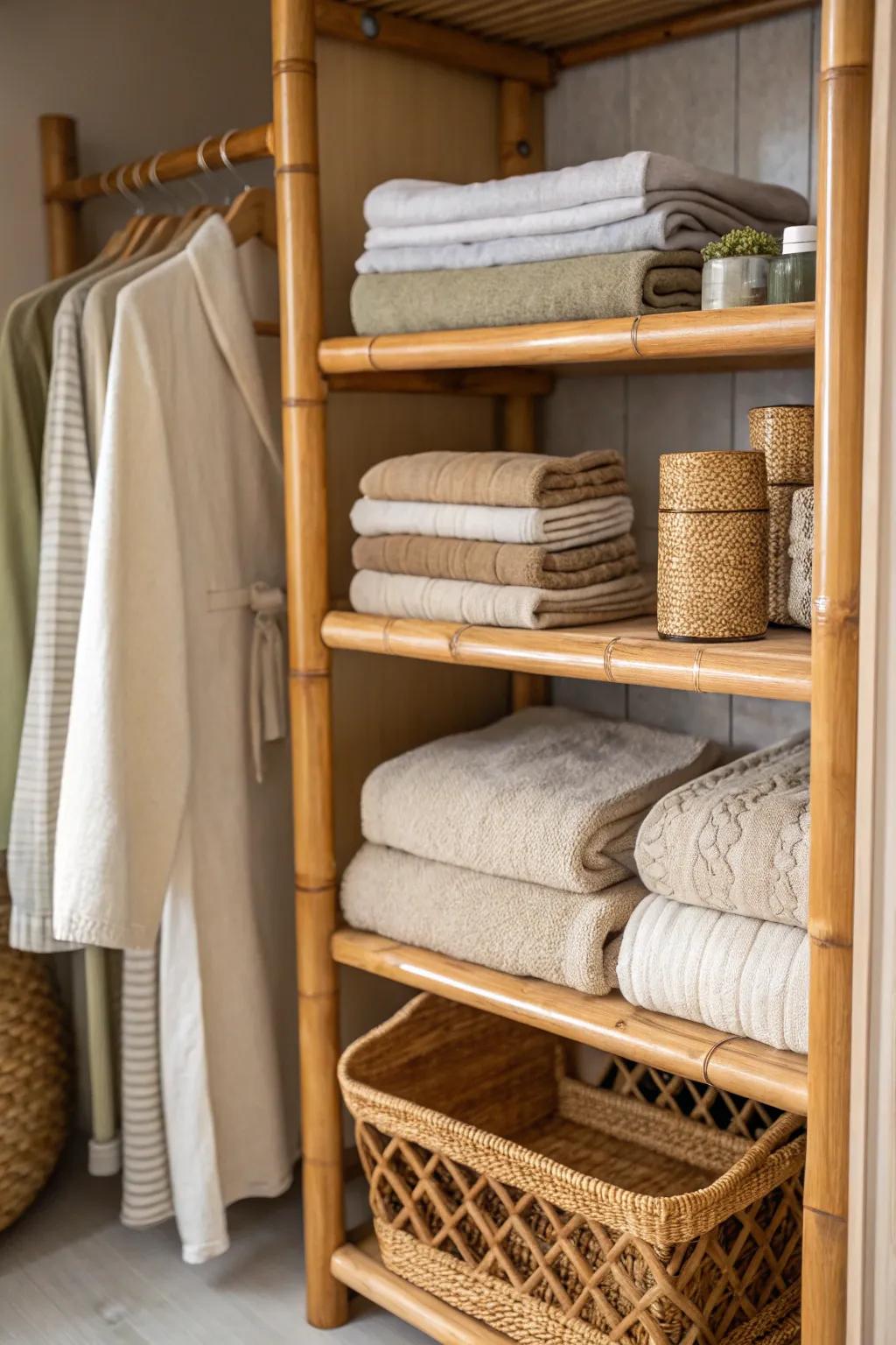 Bamboo shelves are both eco-friendly and aesthetically pleasing.