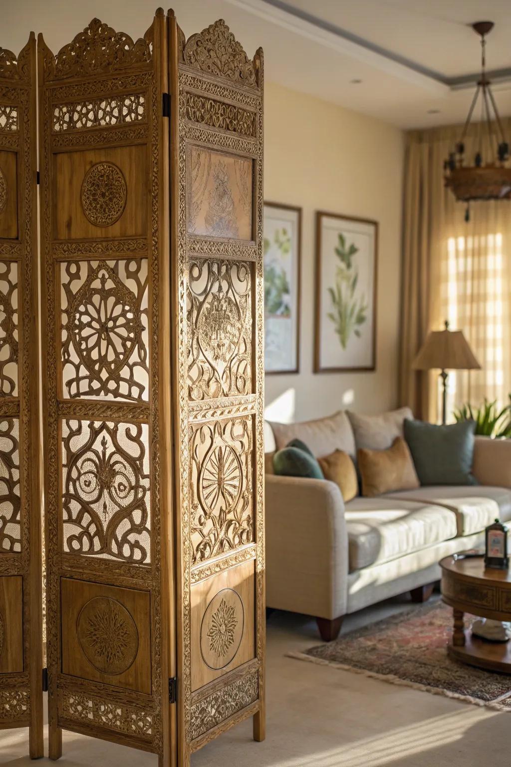 A decorative screen adds function and style to a corner.