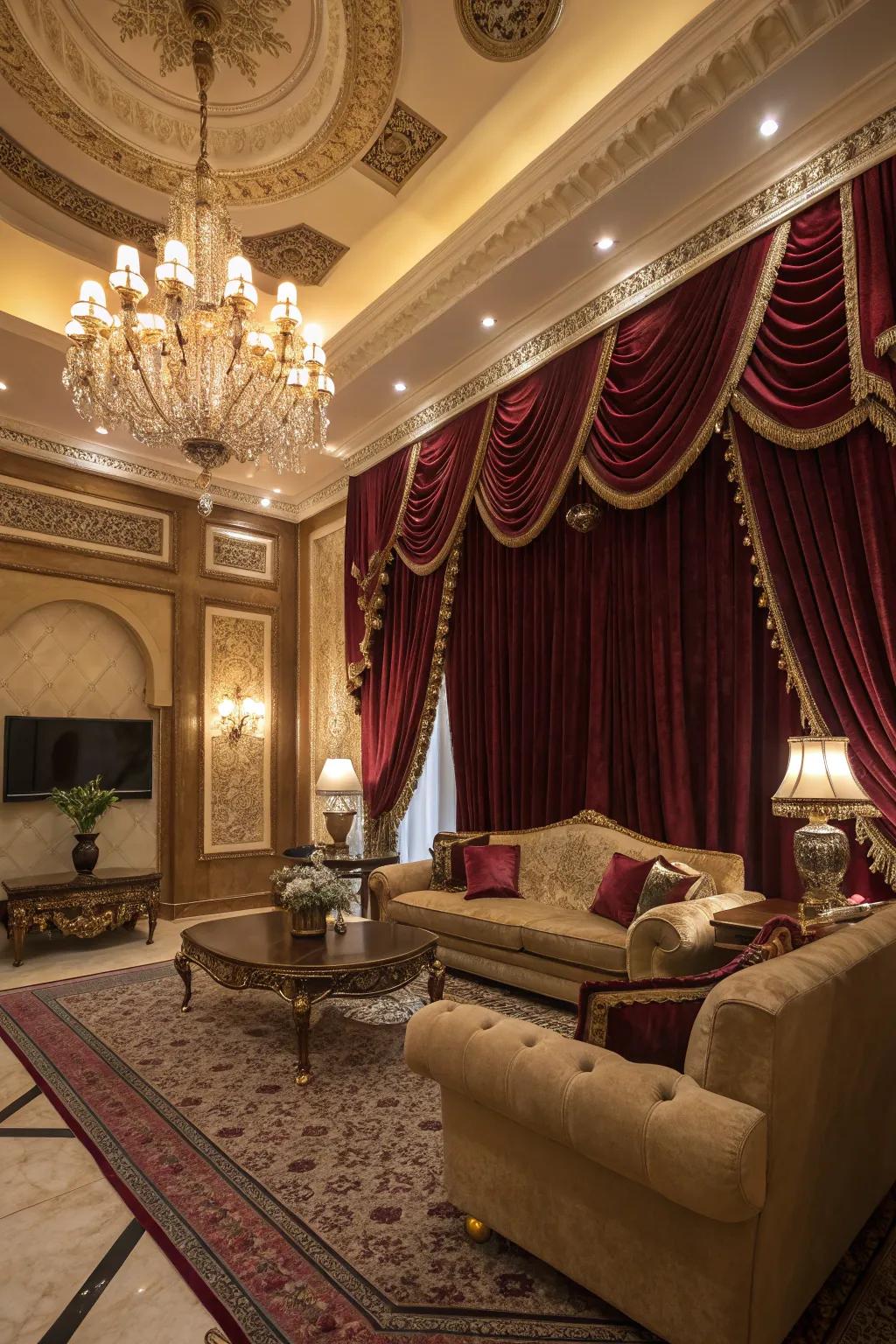 Velvet curtains lend opulence and luxury.