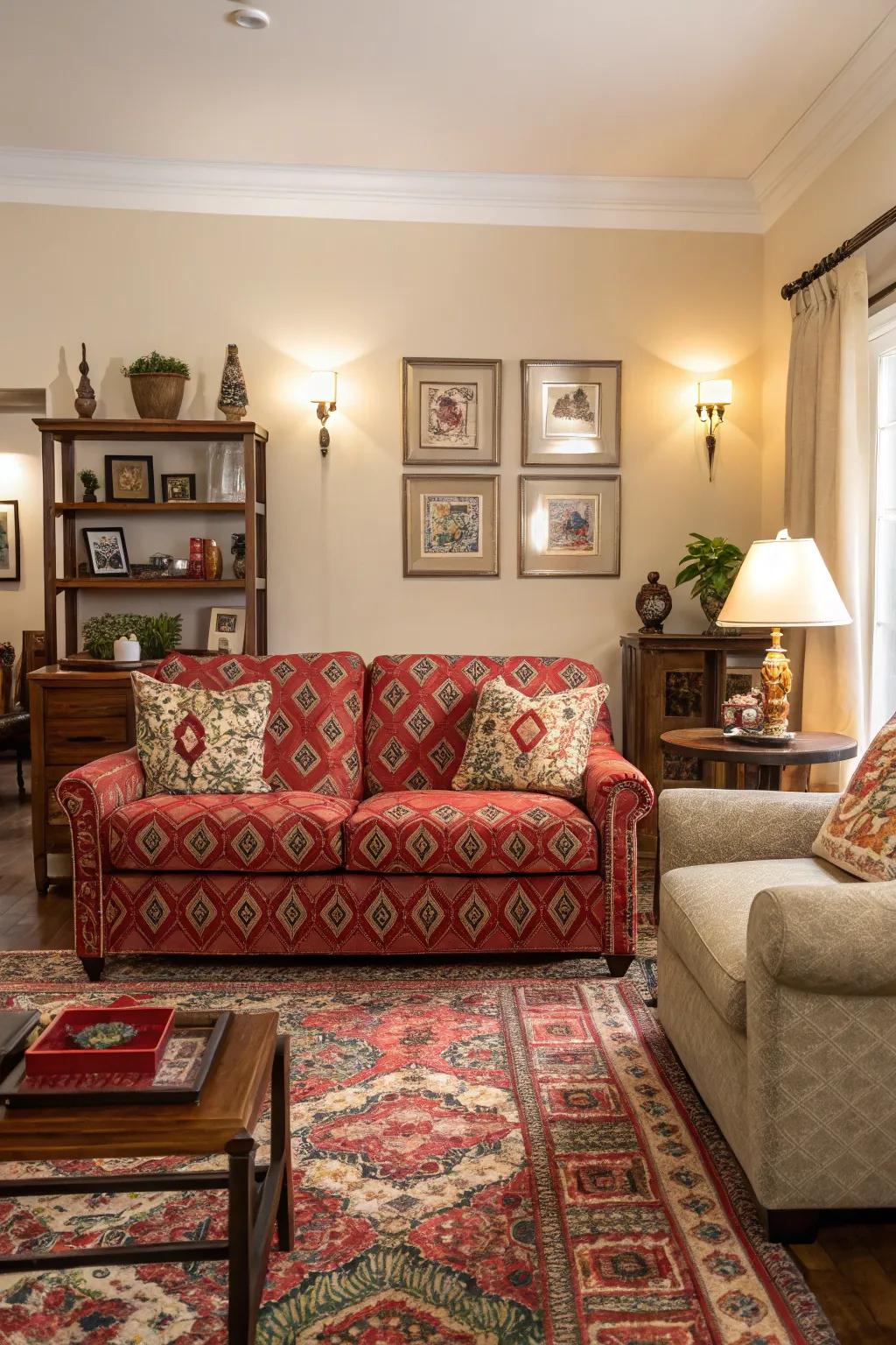 Brave textiles creating a striking focus in the living room.