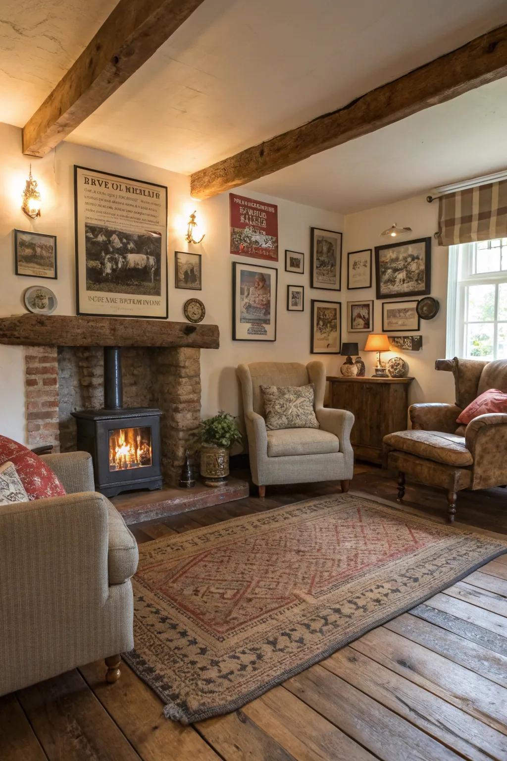 Reclaimed wood flooring contributes history and rustic charm to your living room.