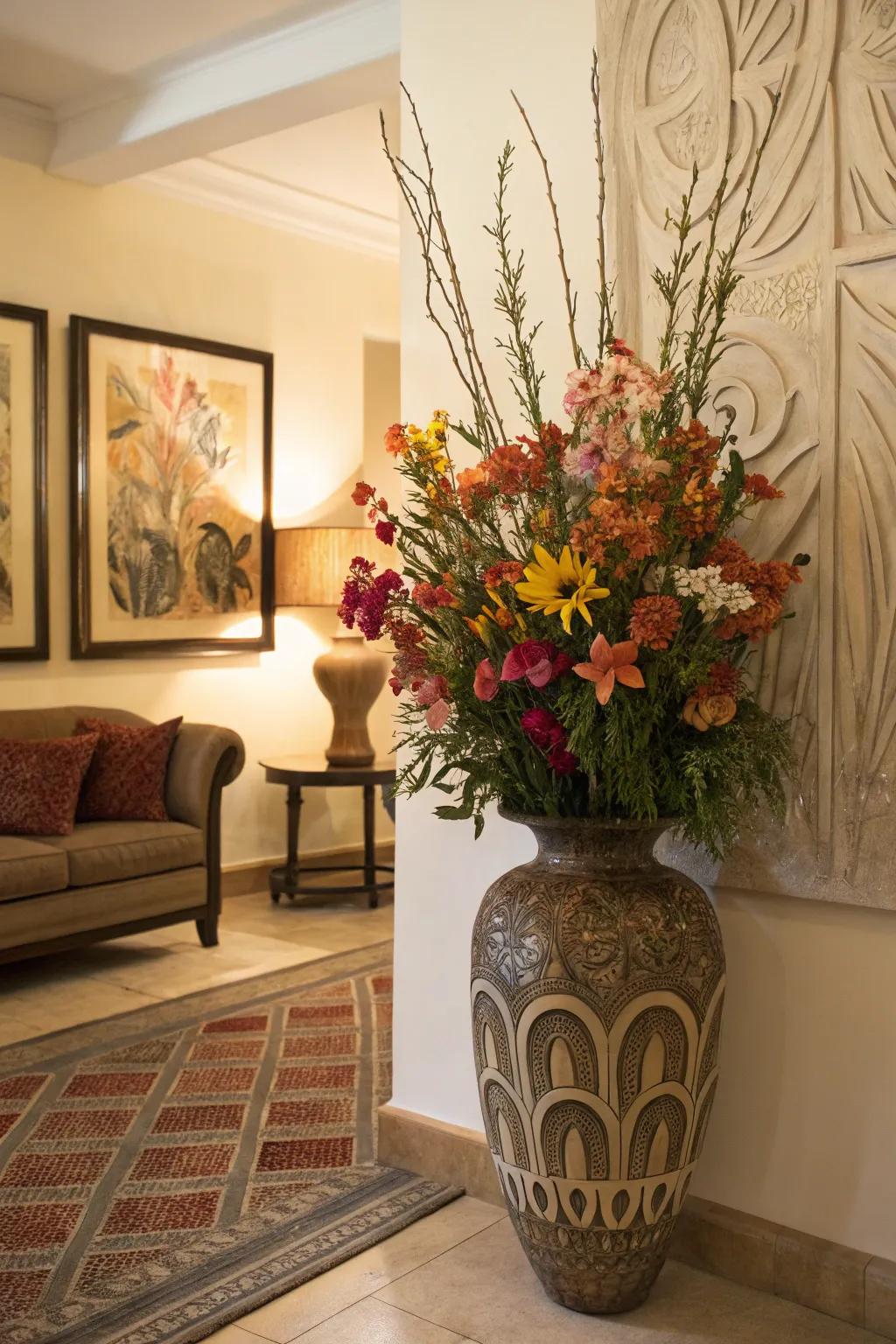 For a unified living room statement, pair a sizable floor vase with artwork pieces.