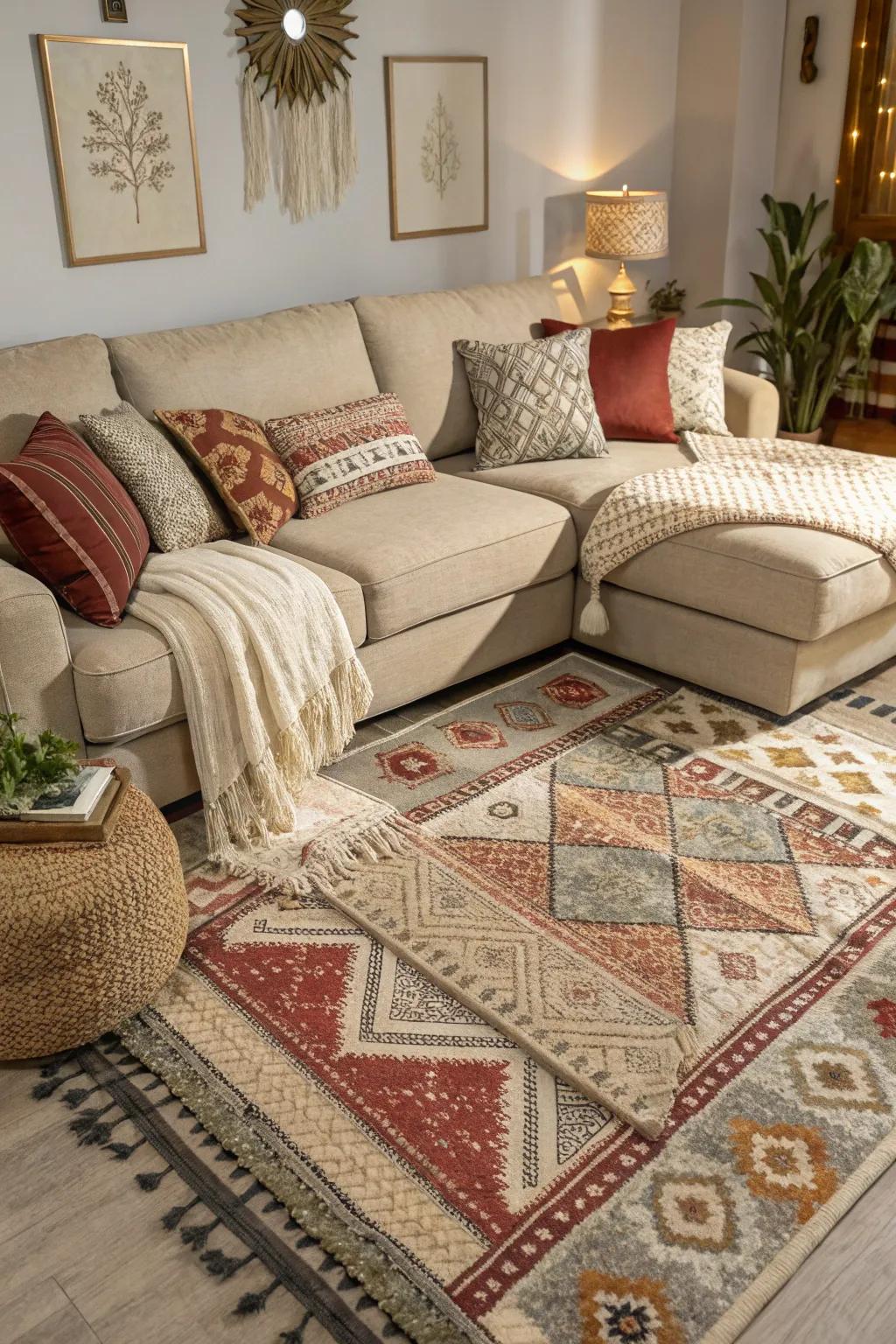 Layered rugs add warmth and emphasis to your sectional space.
