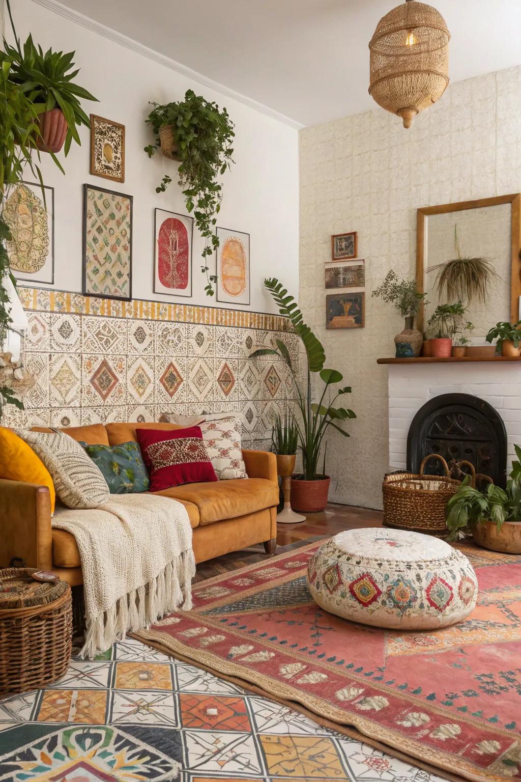 Eclectic family room with bohemian tile designs.